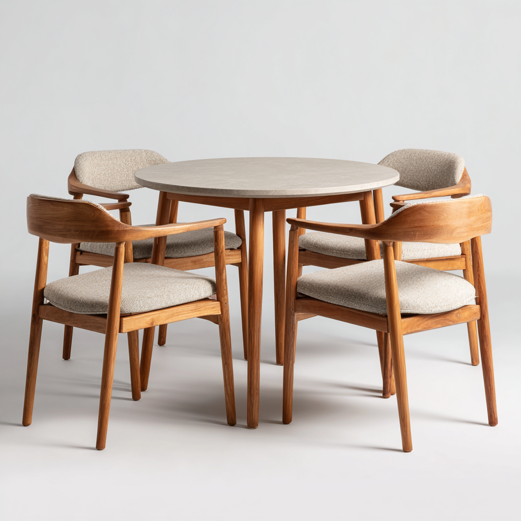 Salon De Jardin Repas En Bois 5 Pièces Table Ronde Et Fauteuils 120X120X75 Cm - Bois Naturel-Beige - Ensemble Repas Extérieur-Sovoraiodecor