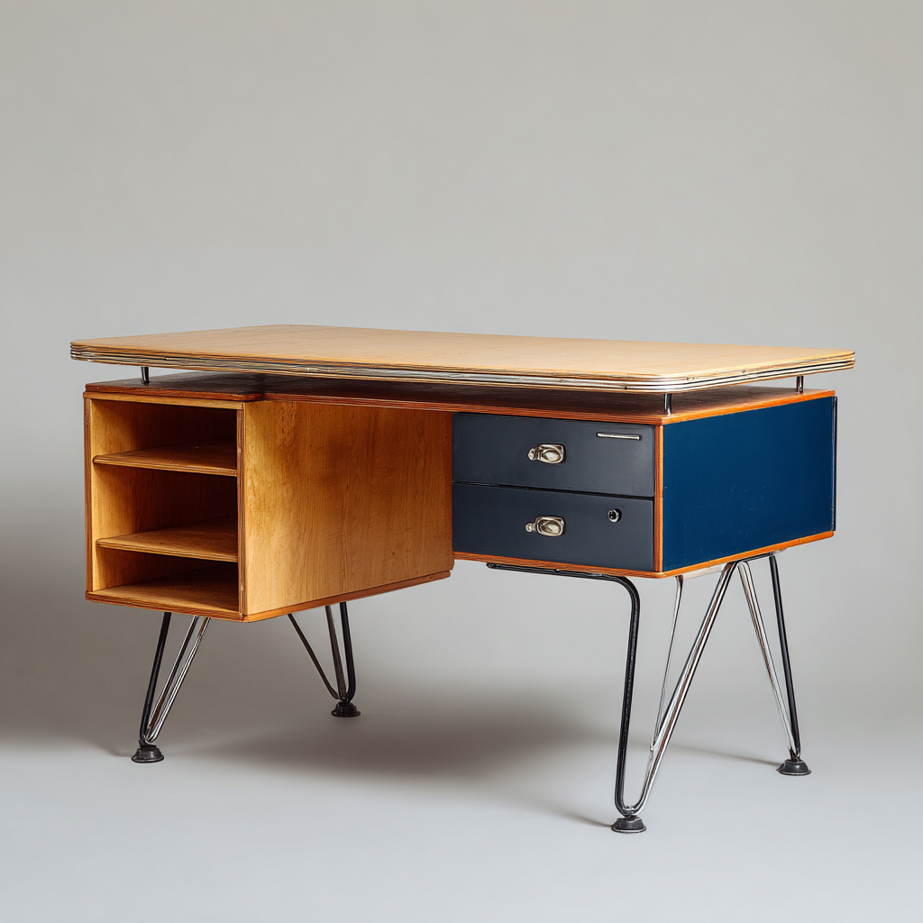 Bureau En Bois Et Métal Avec Rangements Intégrés 140X65X75 Cm - Bois Clair-Bleu - Espace De Travail Professionnel - Style Vintage-Sovoraiodecor