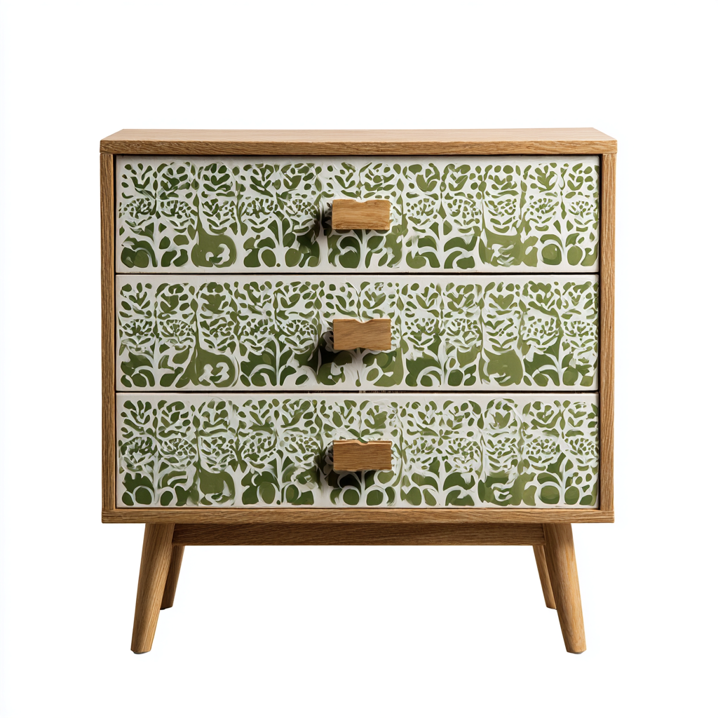 Commode En Bois Avec 3 Tiroirs Décor Végétal 80X40X75 Cm - Blanc-Vert - Rangement Pour Chambre Ou Salon-Sovoraiodecor