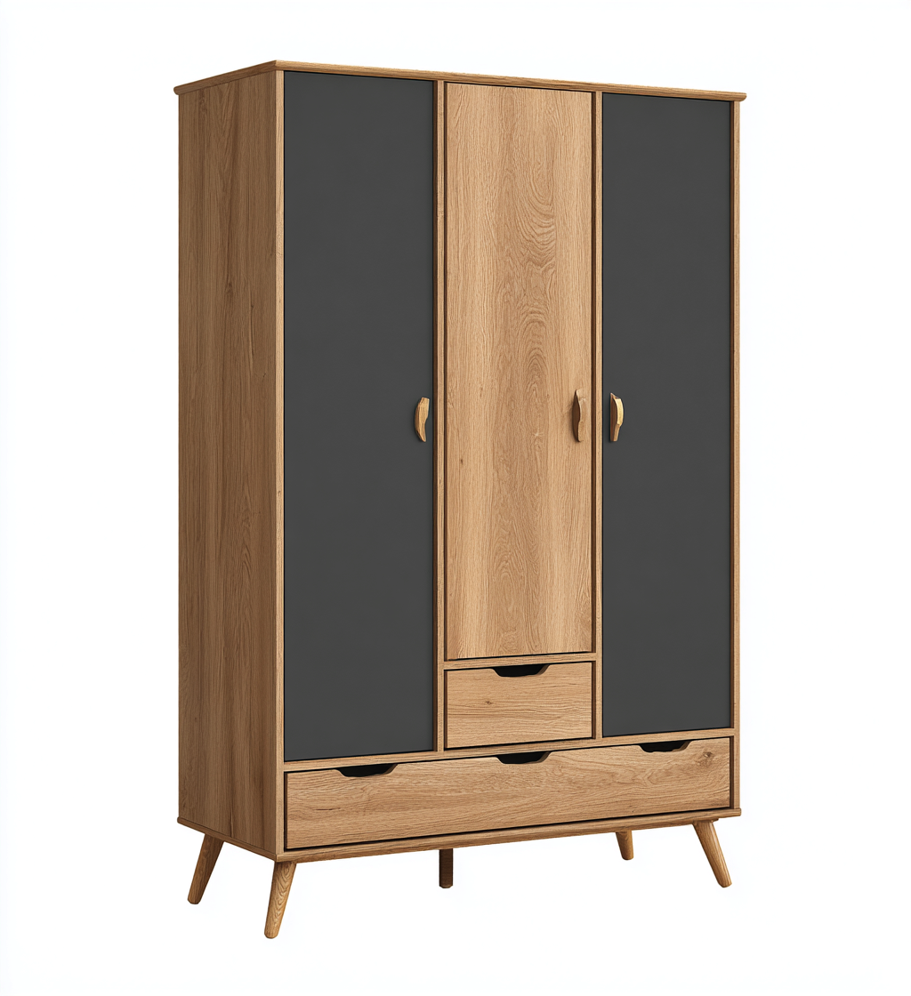 Armoire De Chambre En Bois 180X60X200 Cm - Bois Naturel-Noir - Avec Tiroirs - Design Moderne-Sovoraiodecor