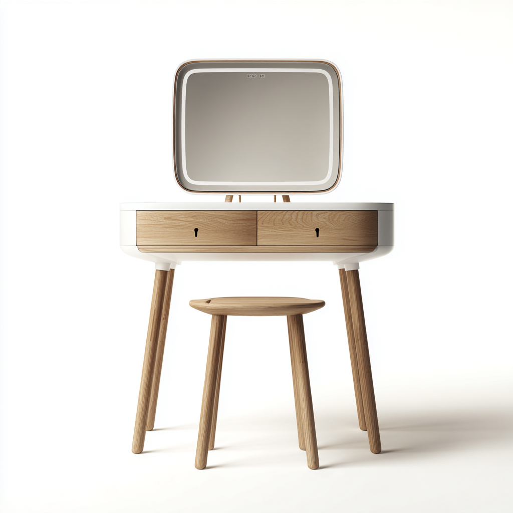 Coiffeuse En Bois Avec Miroir Lumineux 90X45X120 Cm - Blanc-Bois Naturel - Avec Tiroirs - Design Moderne-Sovoraiodecor
