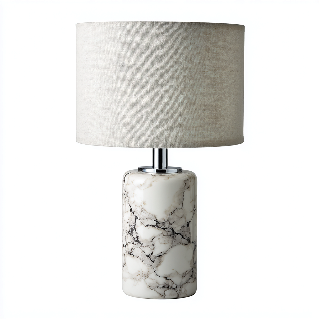Lampe De Table Intérieure En Céramique Effet Marbre Et Métal Finition Chromée Avec Abat-Jour En Tissu 26x26x43 Cm - Blanc Et Argent - Éclairage D'Ambiance Style Moderne Élégant-Sovoraiodecor