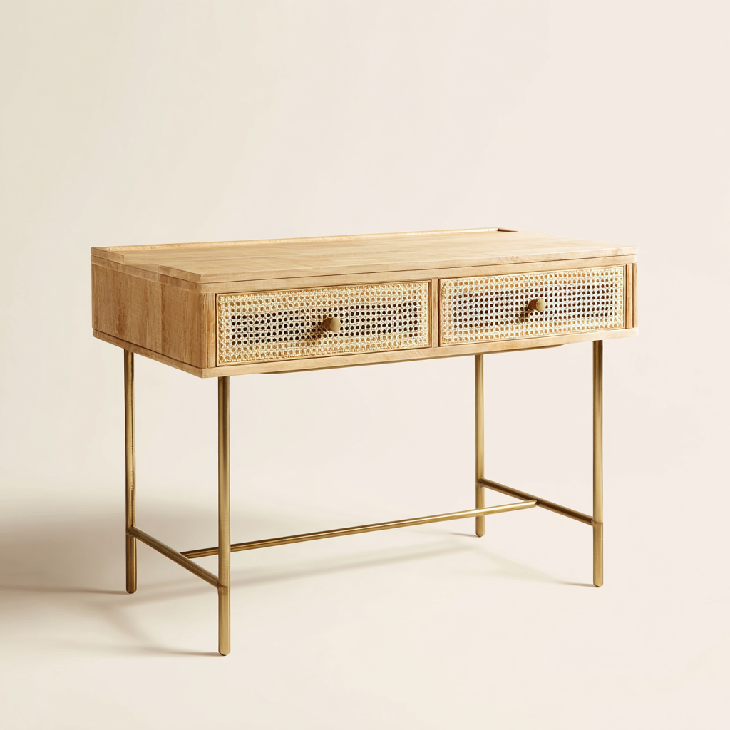 Bureau En Bois Clair Avec Tiroirs Et Piètement Métal 120X50X75 Cm - Bois Clair-Doré - Espace De Travail Professionnel - Style Moderne-Sovoraiodecor