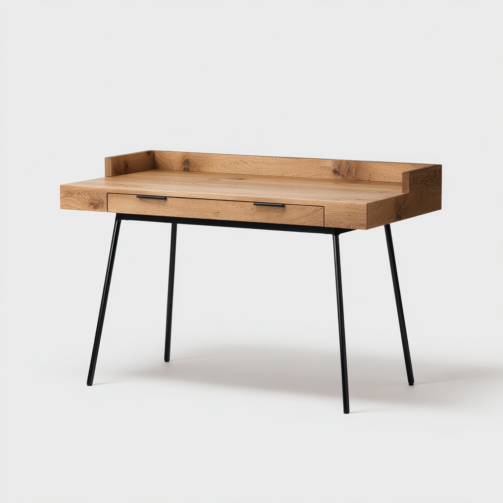 Bureau En Bois Massif Finition Chêne Naturel Avec Pieds En Métal Noir 120x60x75 Cm - Chêne Naturel-Noir - Espace De Travail Fonctionnel - Style Industriel Moderne-Sovoraiodecor