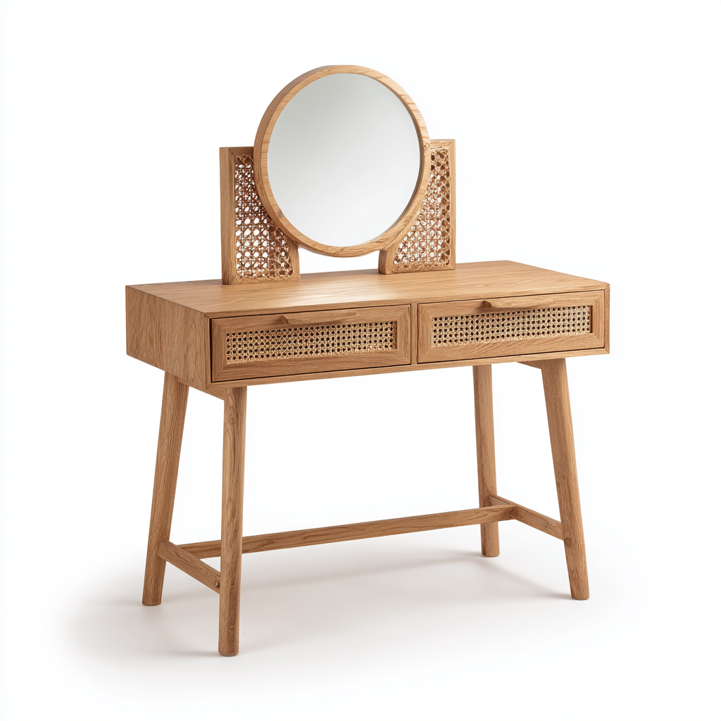 Coiffeuse En Bois Avec Miroir Rond 100X45X120 Cm - Bois Naturel - Avec Tiroirs - Design Naturel-Sovoraiodecor