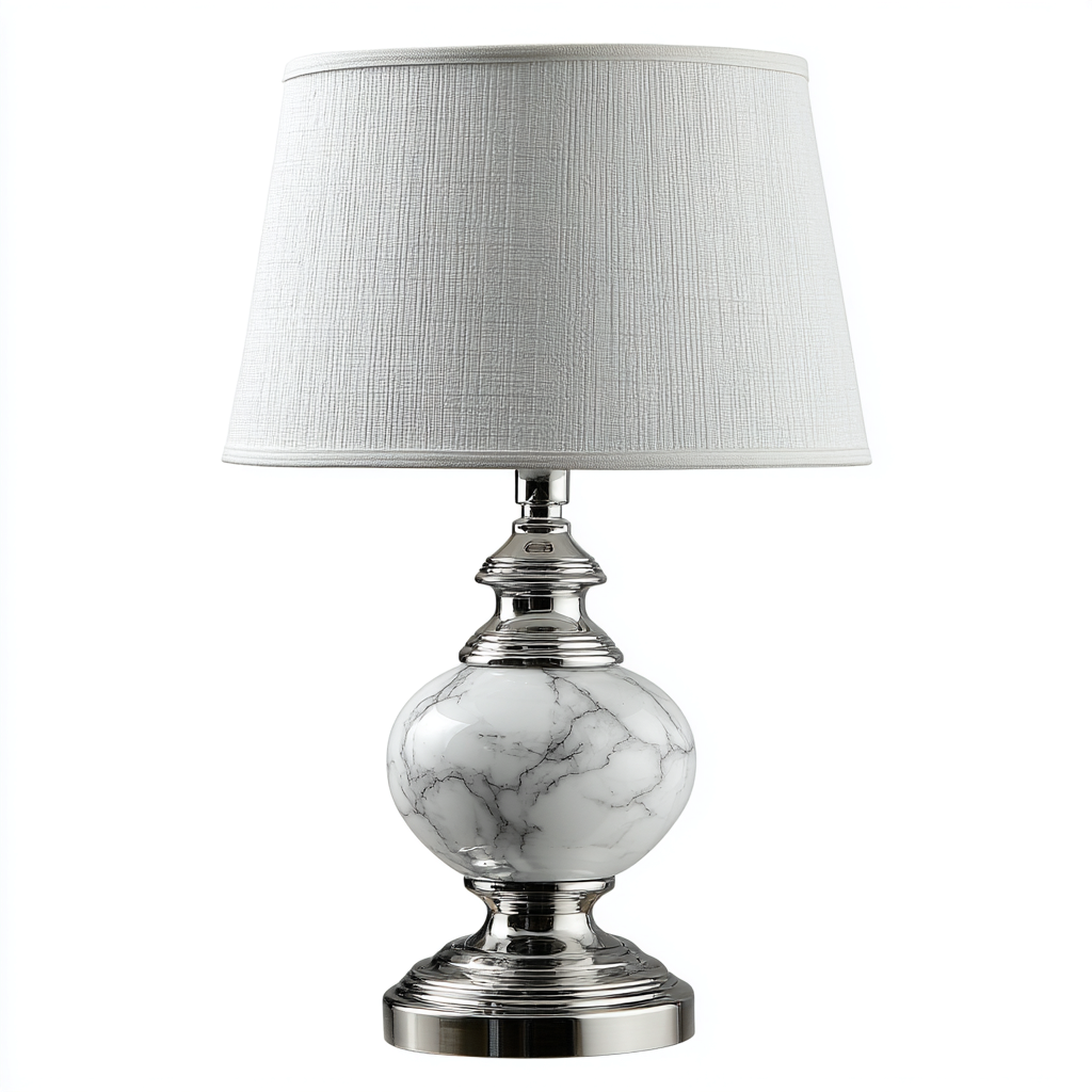 Lampe De Table Intérieure En Céramique Effet Marbre Et Métal Finition Argentée Avec Abat-Jour En Tissu 28x28x48 Cm - Blanc Et Argent - Éclairage D'Ambiance Style Classique Élégant-Sovoraiodecor