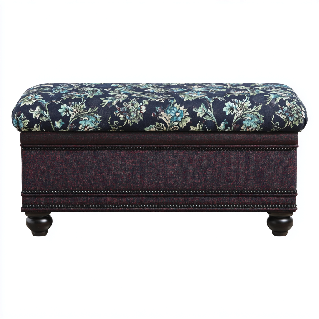 Banc De Lit Rembourré En Bois 120X40X45 Cm - Bleu Marine-Bois Foncé - Tissu À Motif - Design Classique-Sovoraiodecor