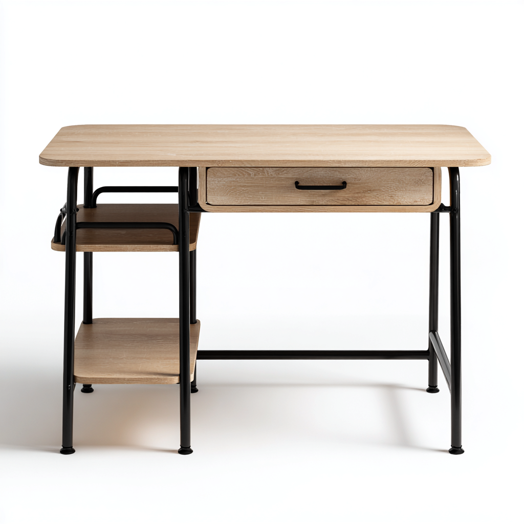 Bureau Avec Étagères Et Tiroir Structure Métal Bois Clair 120x55x75 Cm - Chêne Clair-Noir - Rangement Latéral - Style Industriel-Sovoraiodecor