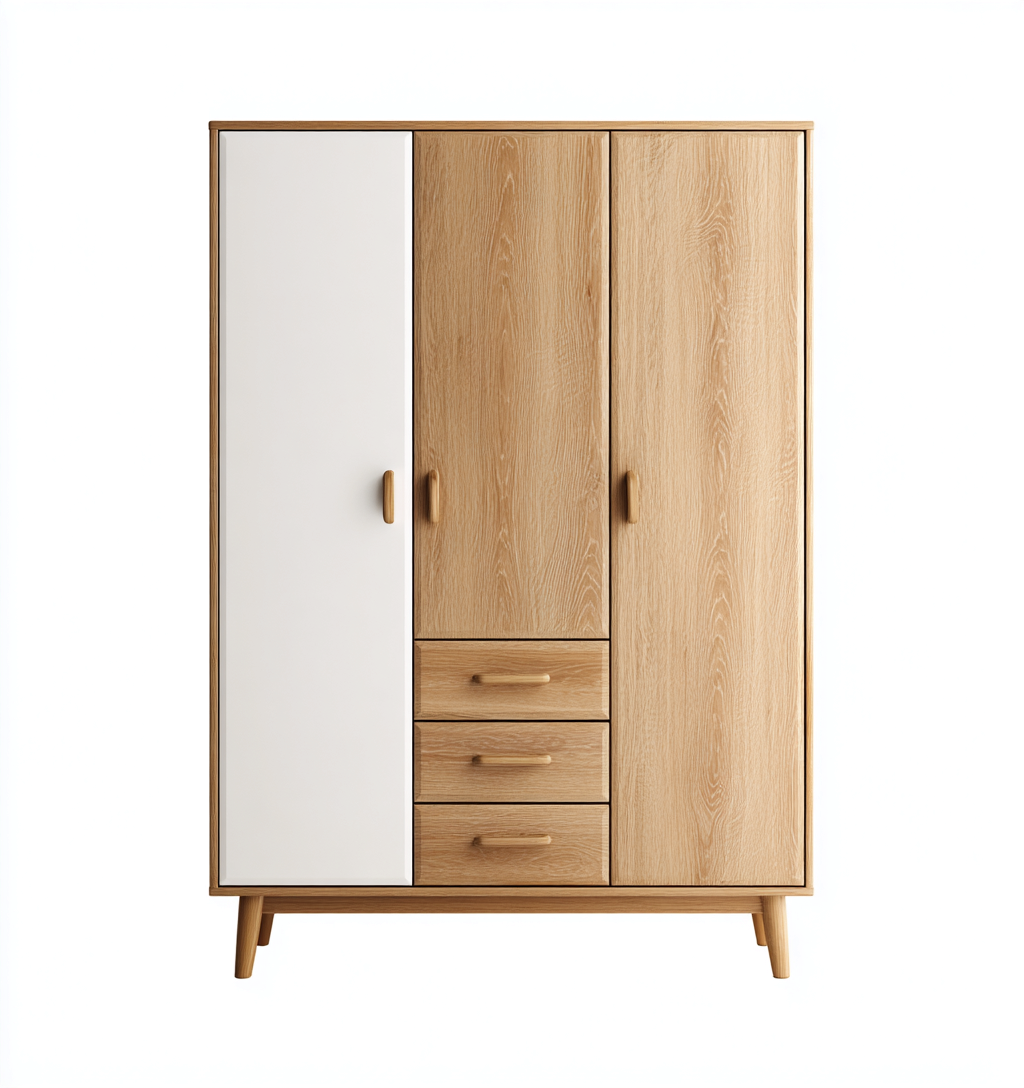 Armoire De Chambre En Bois 180X60X200 Cm - Blanc-Bois Naturel - Avec Tiroirs - Design Moderne-Sovoraiodecor