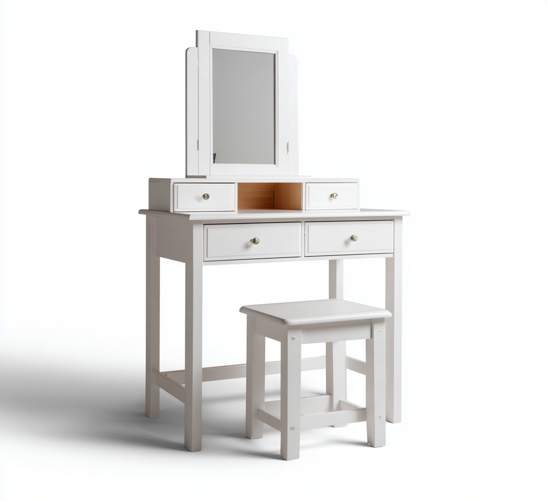 Coiffeuse Avec Miroir Et Tiroirs 80X40X135 Cm - Blanc - Avec Tabouret - Style Classique-Sovoraiodecor