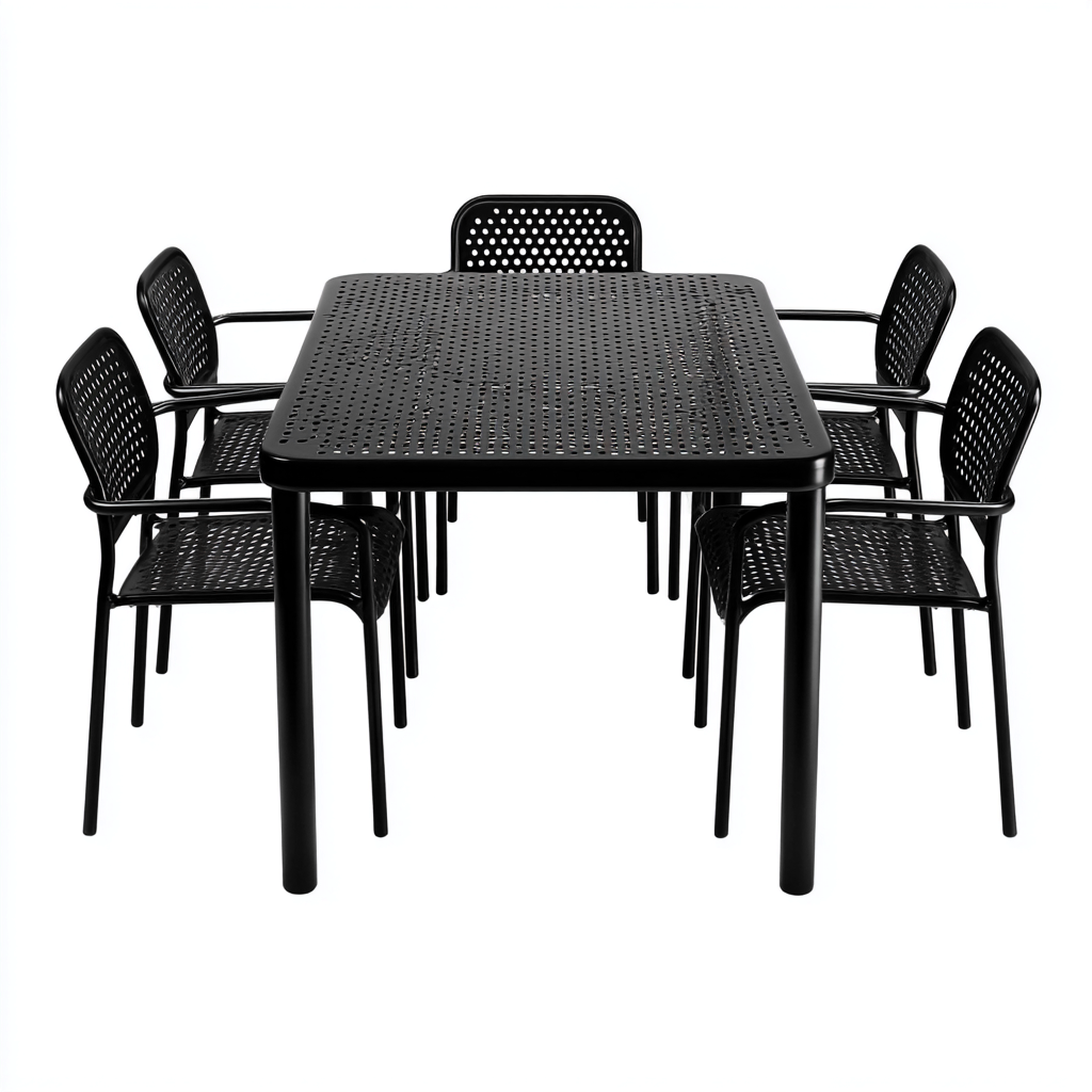 Salon De Jardin Repas En Résine Tressée 7 Pièces Table Rectangulaire Et Chaises 180X90X75 Cm - Noir-Bleu - Ensemble Repas Extérieur-Sovoraiodecor