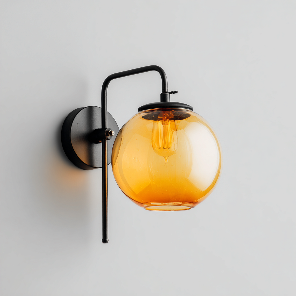 Applique Murale En Métal Noir Avec Globe En Verre Ambré 20x25x30 Cm - Noir-Or Ambré - Éclairage Mural Intérieur - Style Industriel Moderne-Sovoraiodecor