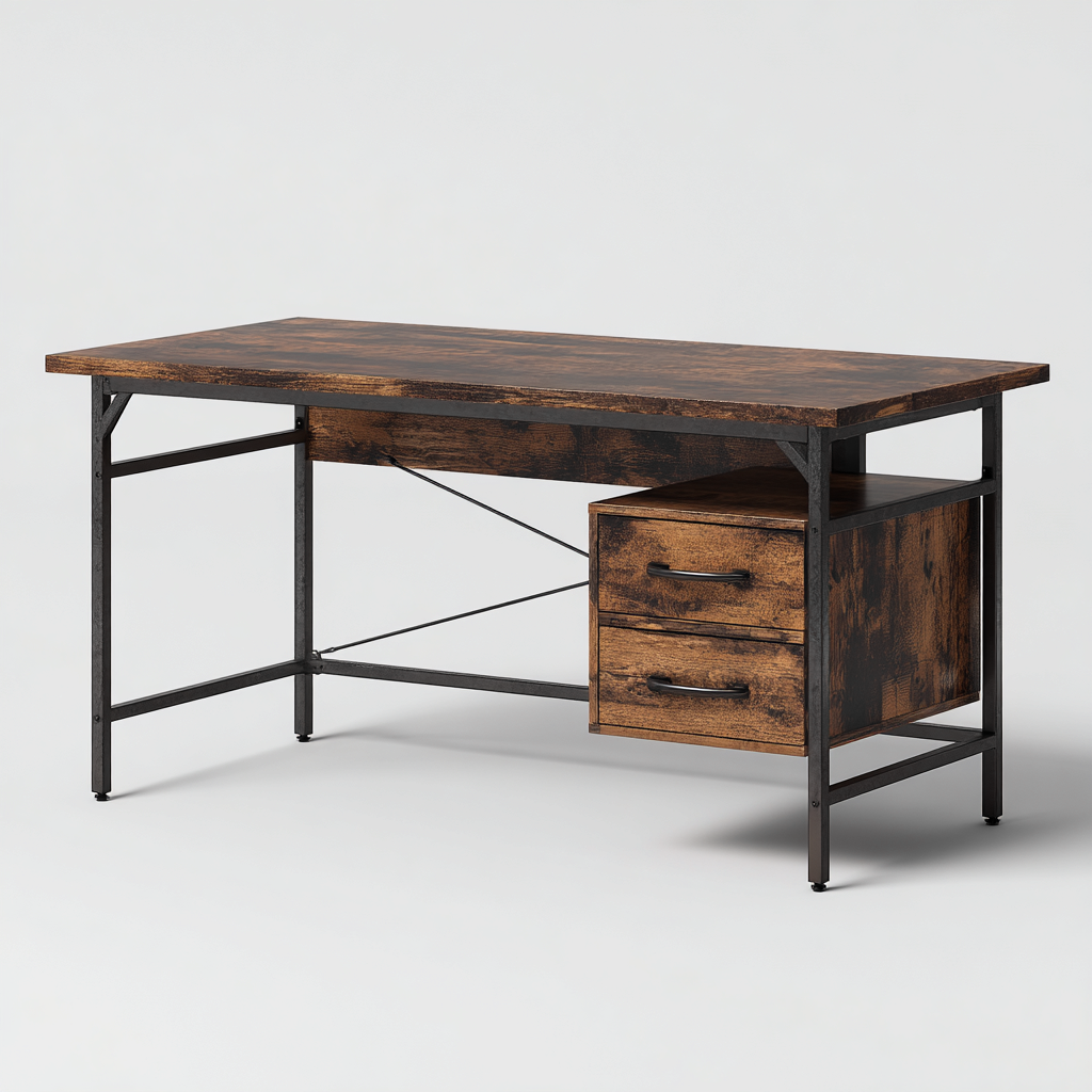 Bureau En Bois Et Métal Avec Tiroirs 150X60X75 Cm - Marron-Noir - Espace De Travail Professionnel - Style Industriel-Sovoraiodecor