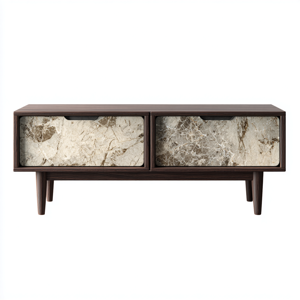 Meuble Tv En Bois 160X40X50 Cm - Bois Foncé Et Marbre Beige - Style Moderne Avec Rangements Fermés-Sovoraiodecor