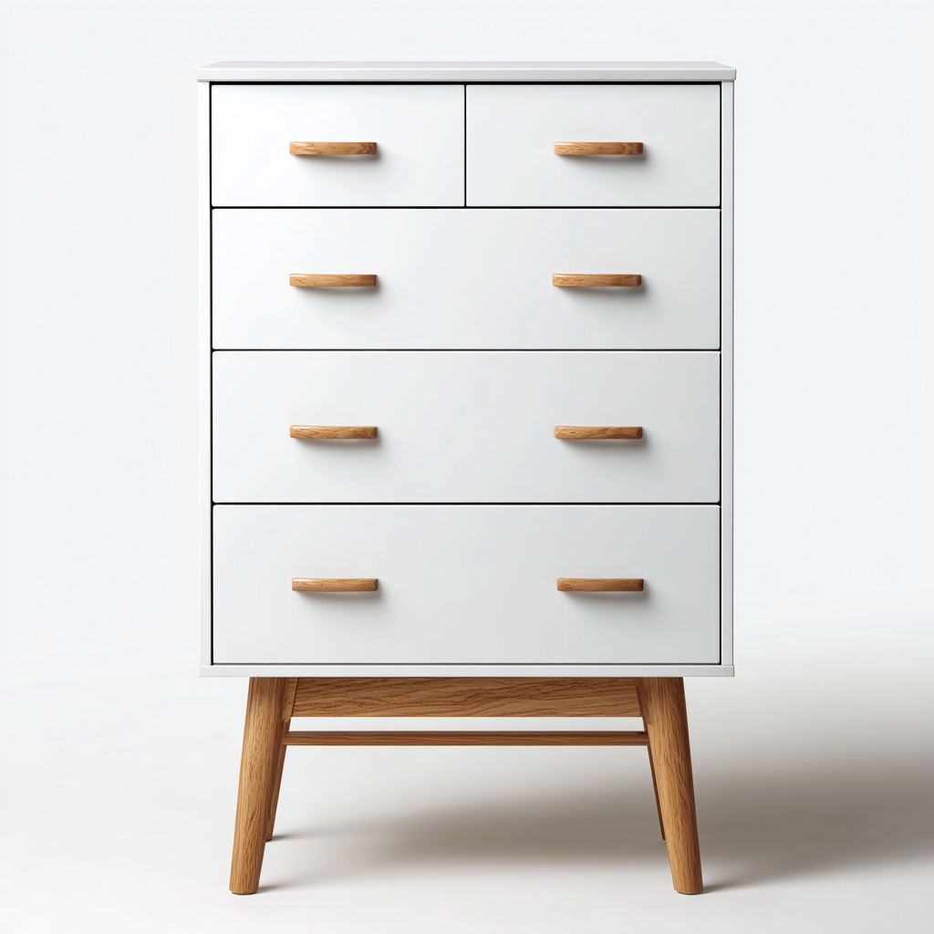Commode En Panneaux Avec Poignées En Bois 80X40X95 Cm - Blanc Et Bois Naturel - Usage Intérieur - Design Scandinave Épuré-Sovoraiodecor
