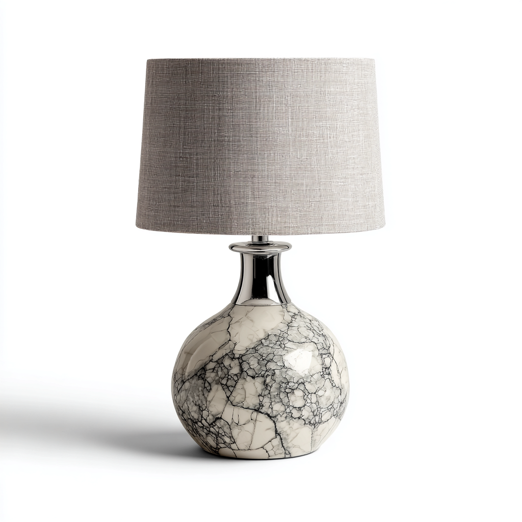 Lampe De Table Intérieure En Céramique Effet Marbre Et Métal Finition Argentée Avec Abat-Jour En Tissu 27x27x46 Cm - Gris Et Blanc - Éclairage D'Ambiance Style Moderne Élégant-Sovoraiodecor