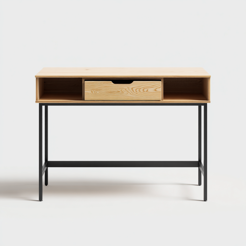 Bureau En Bois Finition Chêne Clair Avec Structure En Métal Noir 120x55x75 Cm - Naturel-Noir - Espace De Travail Organisé - Style Moderne Industriel-Sovoraiodecor