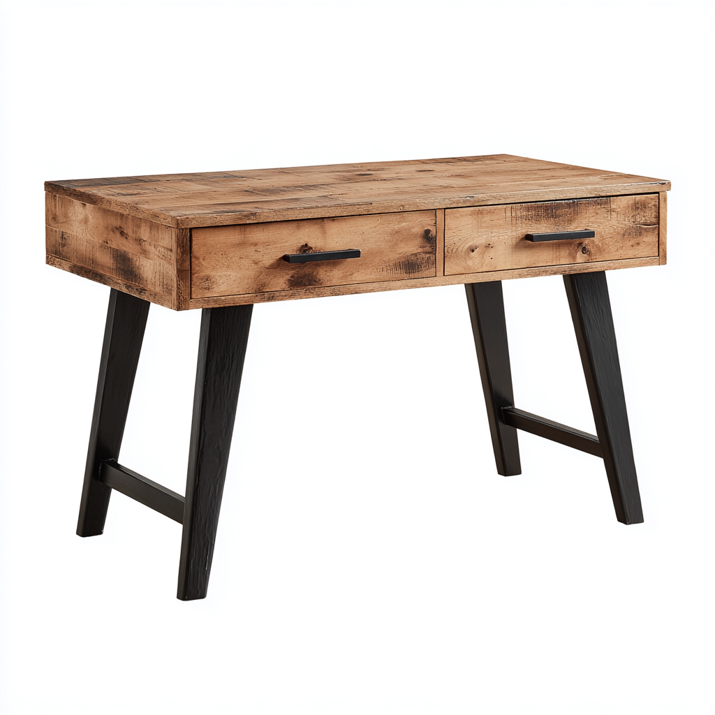 Bureau En Bois Massif Finition Rustique Avec Double Tiroirs 120x55x75 Cm - Marron Naturel-Noir - Rangement Intégré - Style Industriel-Sovoraiodecor