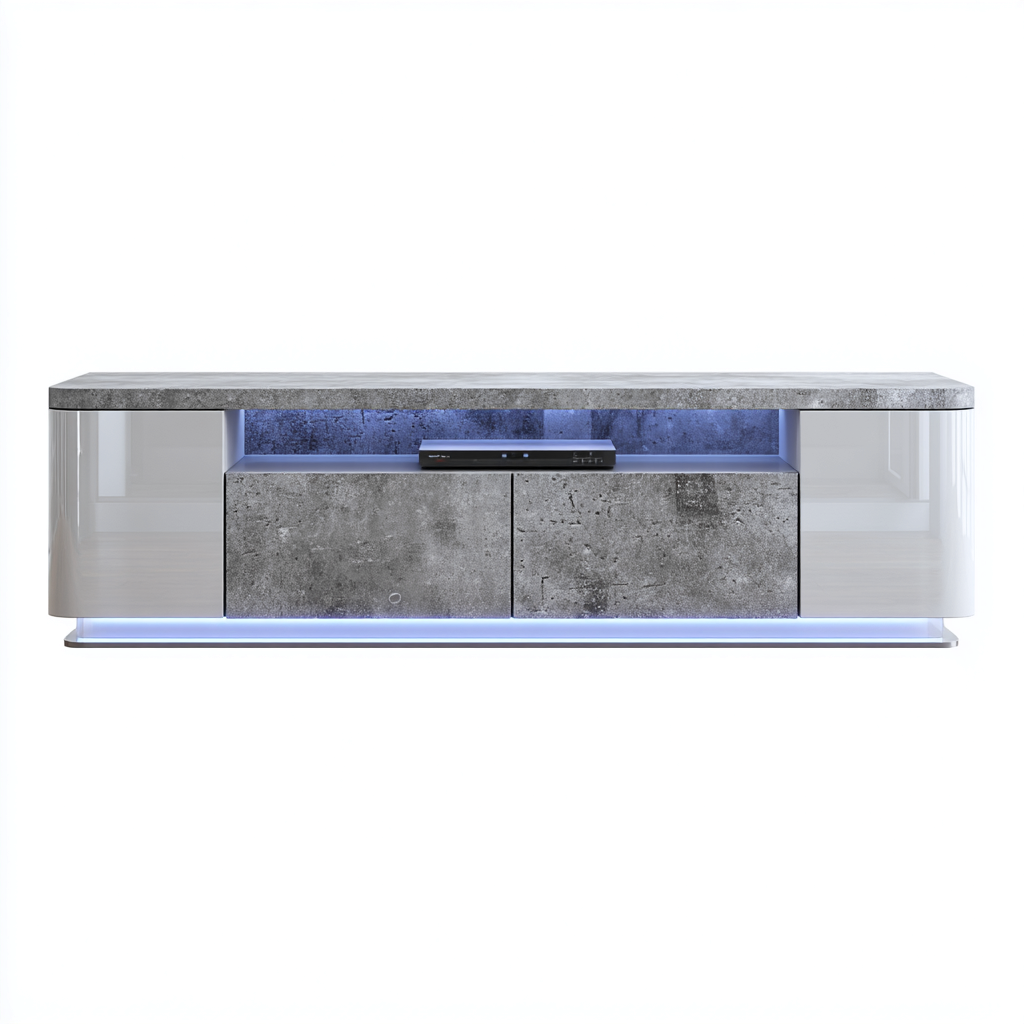 Meuble Tv En Panneaux Avec Finition Béton 160X40X45 Cm - Blanc Brillant Et Gris Béton - Usage Intérieur - Design Moderne Contemporain-Sovoraiodecor
