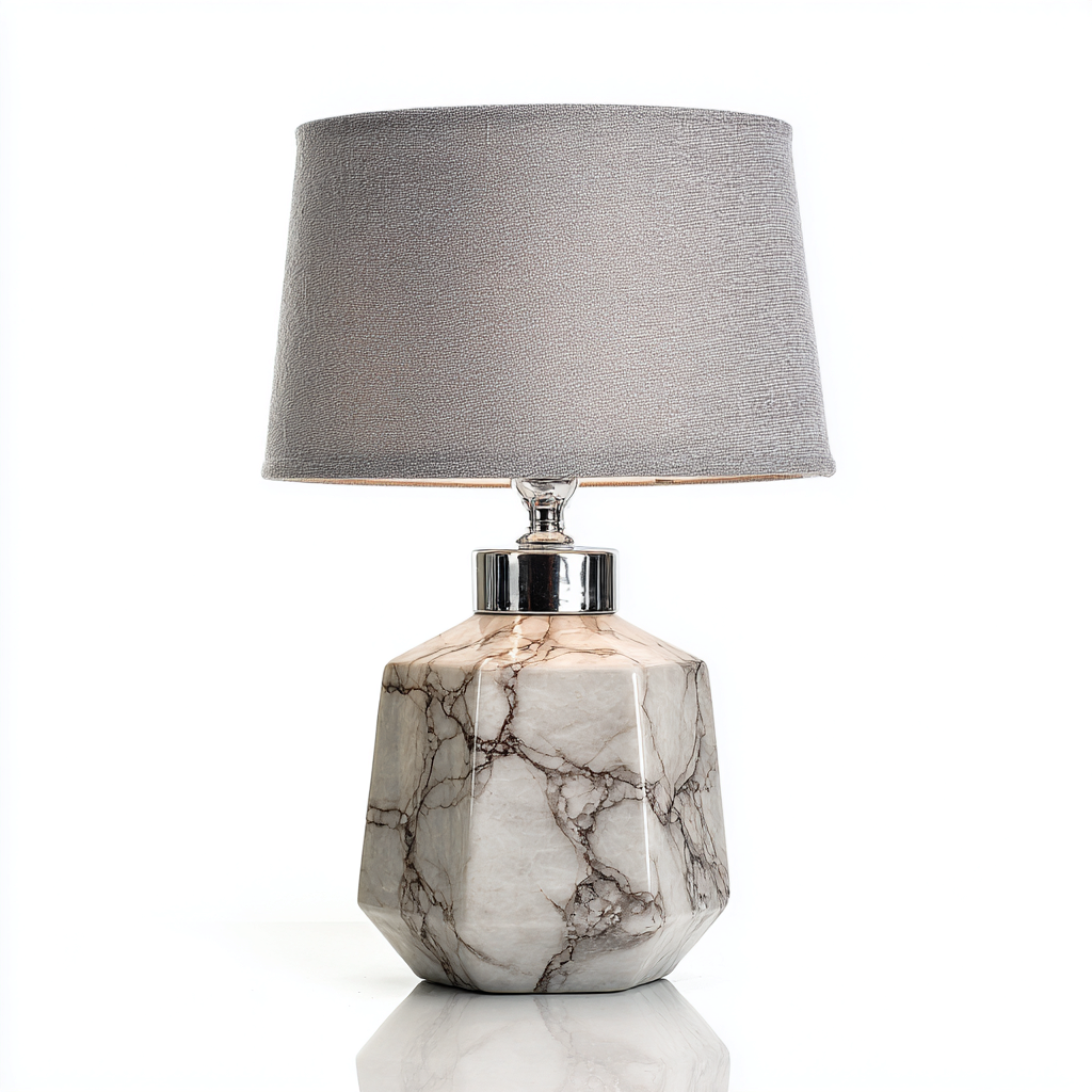 Lampe De Table Intérieure En Céramique Effet Marbre Et Métal Finition Argentée Avec Abat-Jour En Tissu 27x27x45 Cm - Gris Et Blanc - Éclairage D'Ambiance Style Moderne Élégant-Sovoraiodecor
