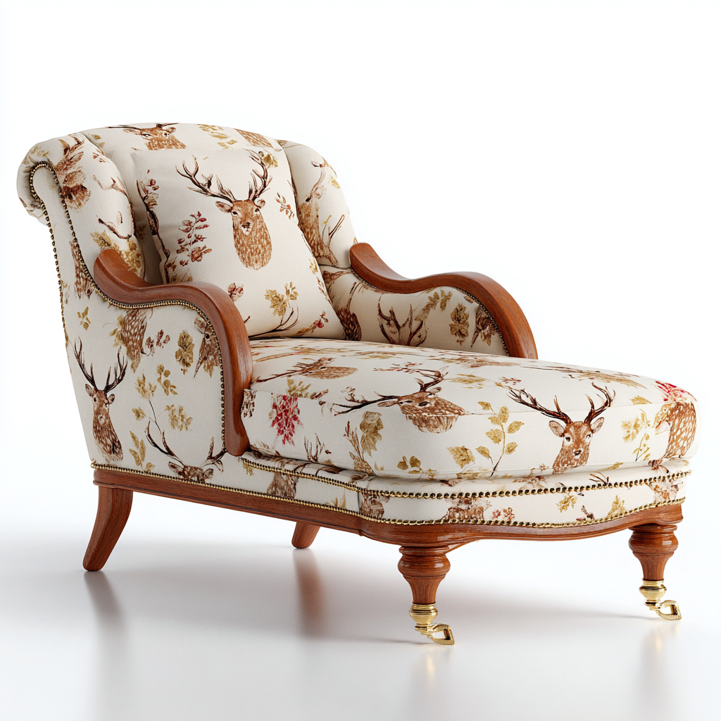 Chaise Longue Rembourrée En Tissu Imprimé Cerf 132X74X80 Cm - Blanc-Brun - Usage Salon - Style Classique Décoratif-Sovoraiodecor