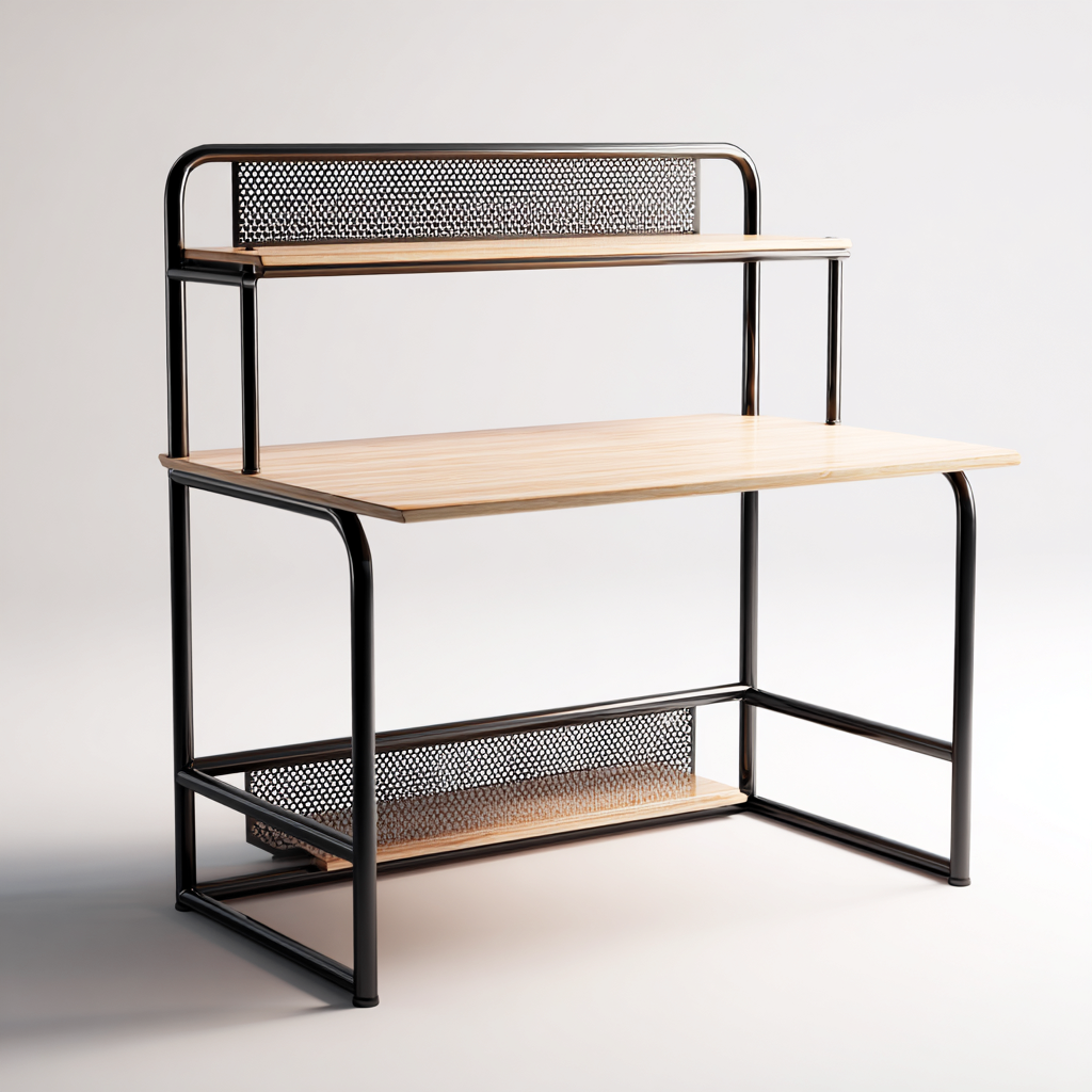 Bureau En Bois Et Métal Avec Étagères 110X55X120 Cm - Bois Clair-Noir - Espace De Travail Professionnel - Style Industriel-Sovoraiodecor