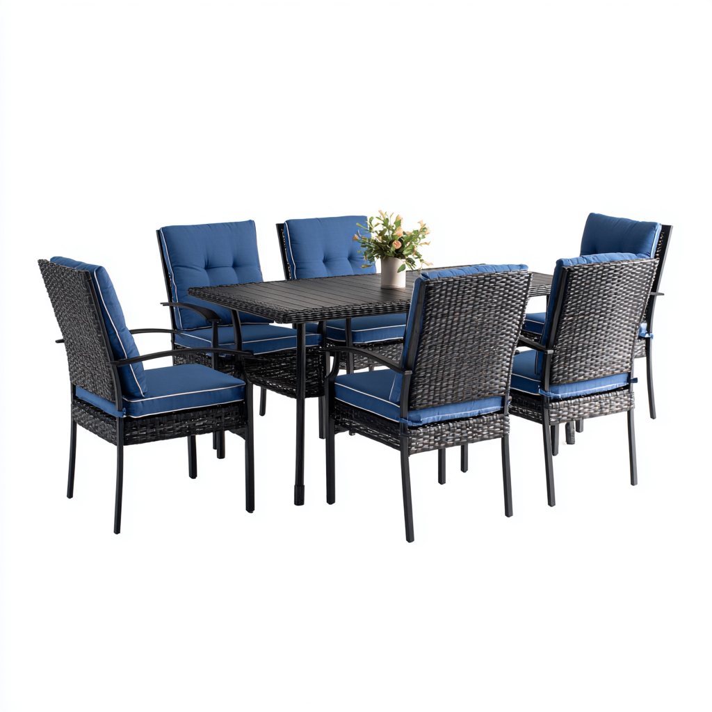 Salon De Jardin Repas En Résine Tressée 7 Pièces Table Rectangulaire Et Chaises 180X90X75 Cm - Noir-Bleu - Ensemble Repas Extérieur-Sovoraiodecor