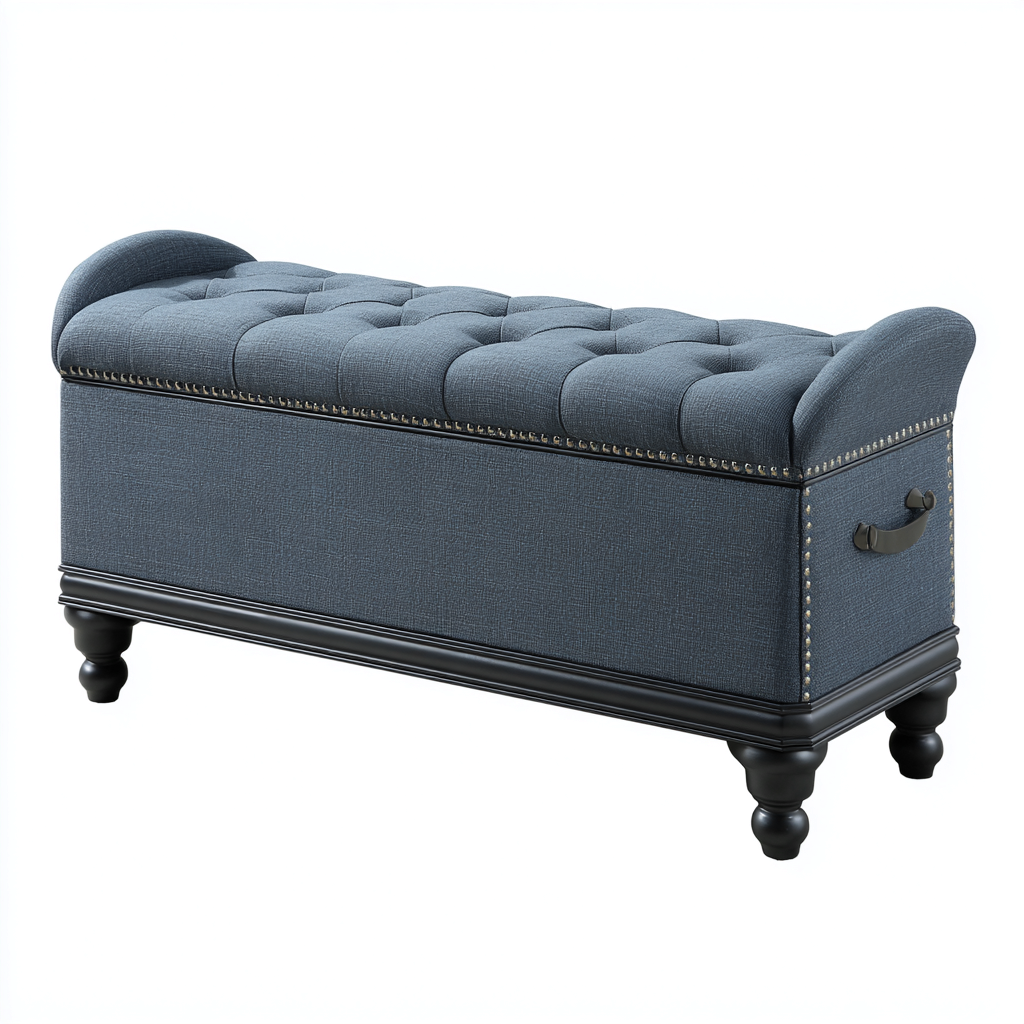 Banc De Lit Rembourré 140X45X47 Cm - Bleu Gris - Revêtement En Tissu - Style Classique-Sovoraiodecor