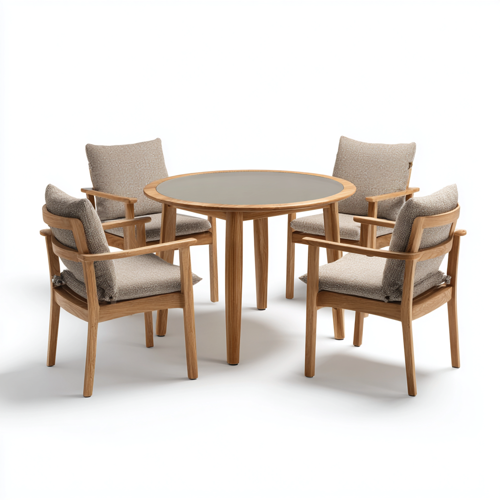 Salon De Jardin Repas En Bois Et Tissu 5 Pièces - Table Ronde Et Fauteuils - Design Contemporain Pour Extérieur-Sovoraiodecor