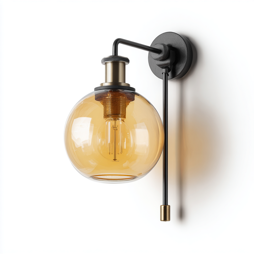 Applique Murale En Métal Noir Avec Globe En Verre Ambré 18x28x35 Cm - Noir-Or Ambré - Éclairage Mural Intérieur - Style Industriel Moderne-Sovoraiodecor
