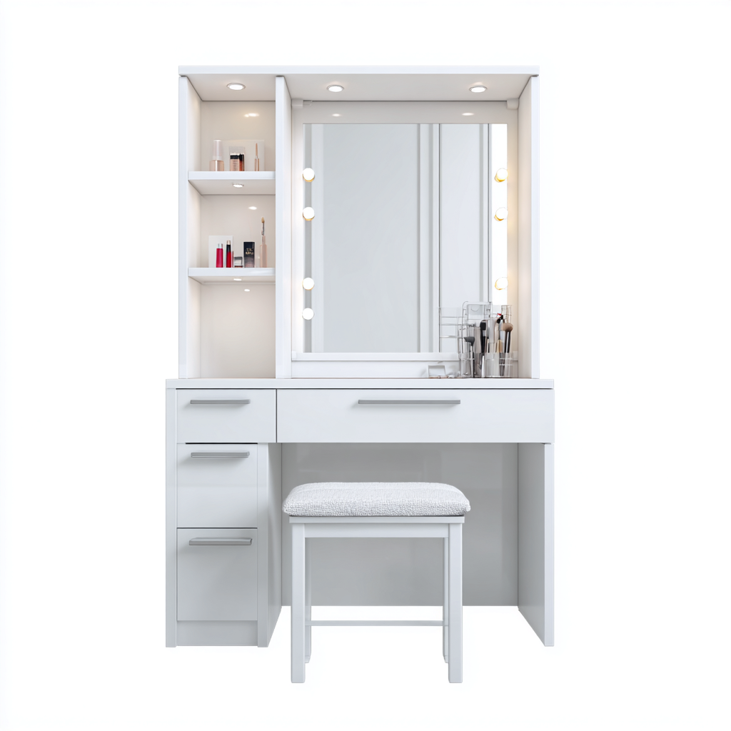 Coiffeuse En Bois Avec Miroir Lumineux 100X45X160 Cm - Blanc - Avec Tiroirs Et Rangements - Design Moderne Pour Chambre-Sovoraiodecor
