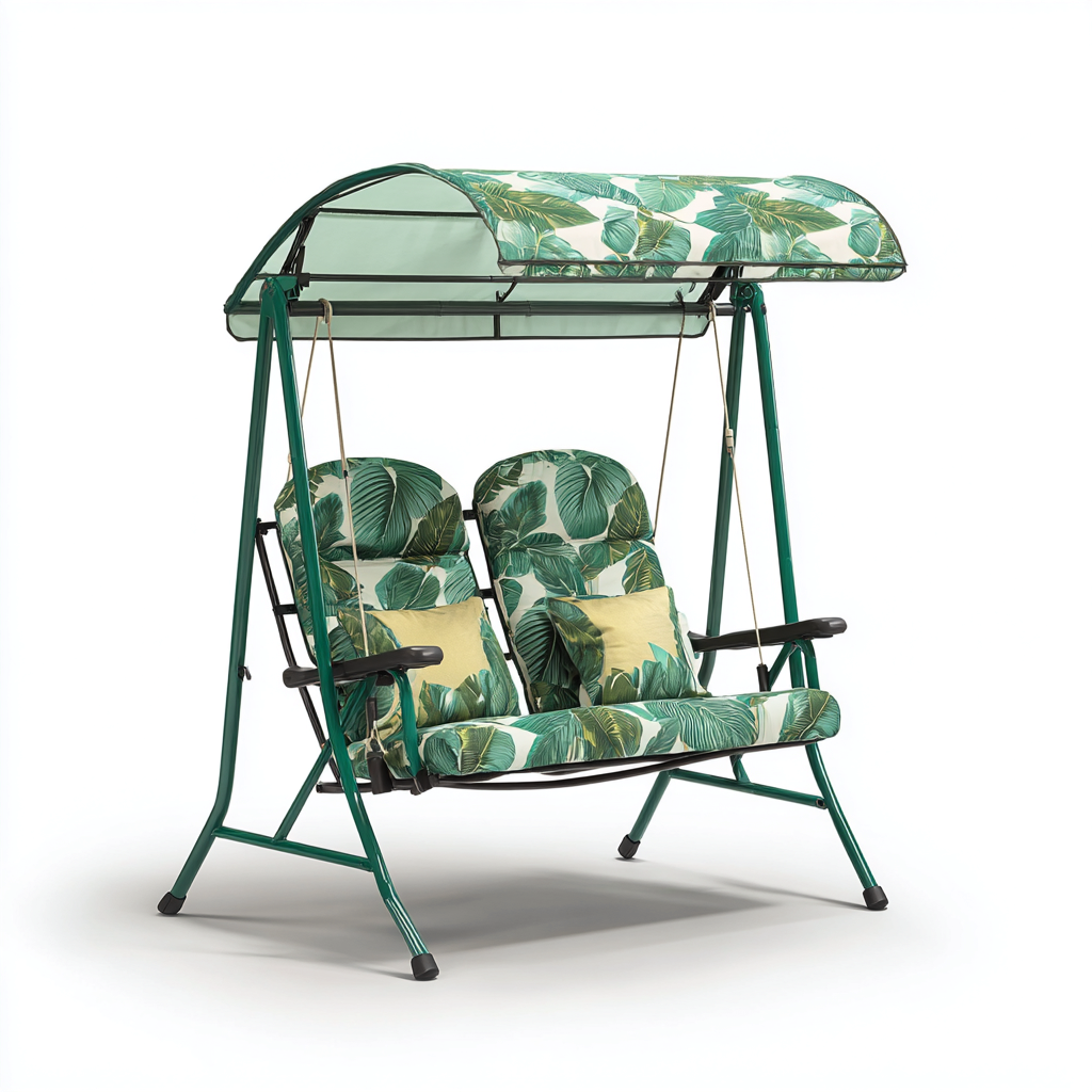 Balancelle De Jardin 2 Places En Métal Avec Toit 175X120X165 Cm - Vert À Motifs Feuilles - Avec Coussins - Design Tropical Pour Extérieur-Sovoraiodecor