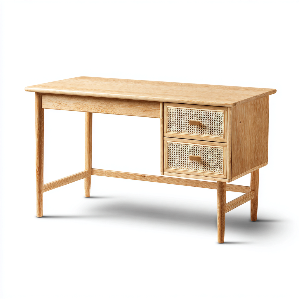 Bureau En Bois Finition Chêne Clair Avec Tiroirs Tressés 120x55x75 Cm - Naturel - Rangement Fonctionnel - Style Scandinave Naturel-Sovoraiodecor