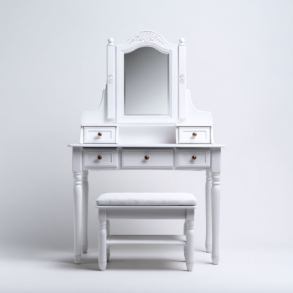 Coiffeuse En Bois Avec Miroir 100X40X150 Cm - Blanc - Avec Tiroirs - Style Classique-Sovoraiodecor
