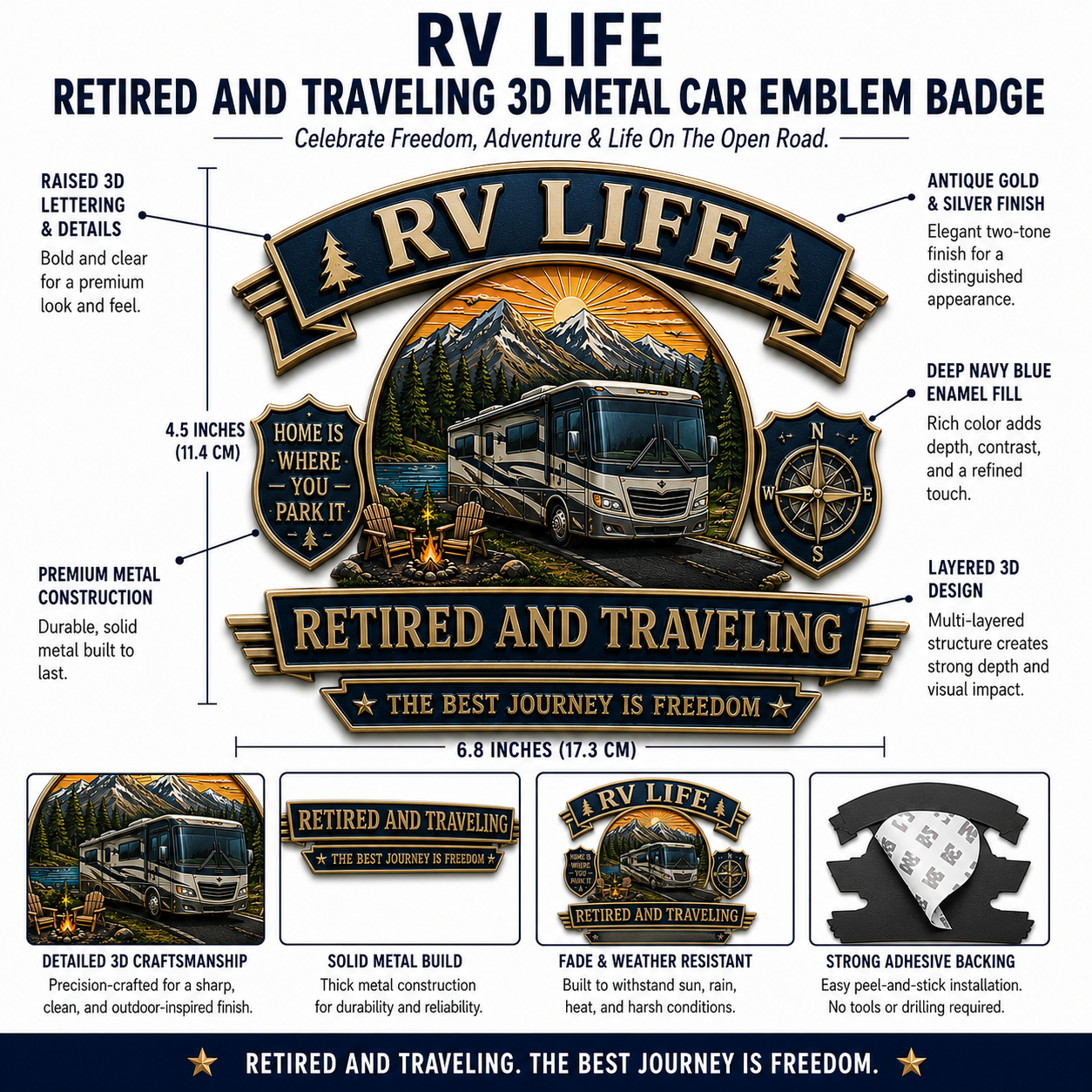 RV Life Retired and Traveling Metal Car Emblem