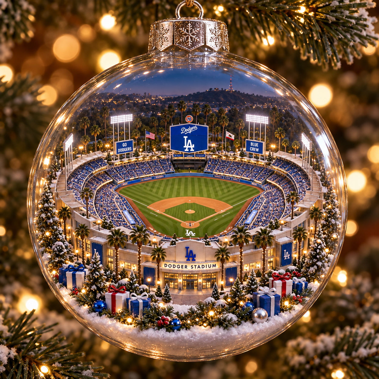 Baseball stadium light-up Christmas diorama ornament