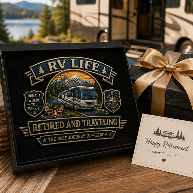 RV Life Retired and Traveling Metal Car Emblem