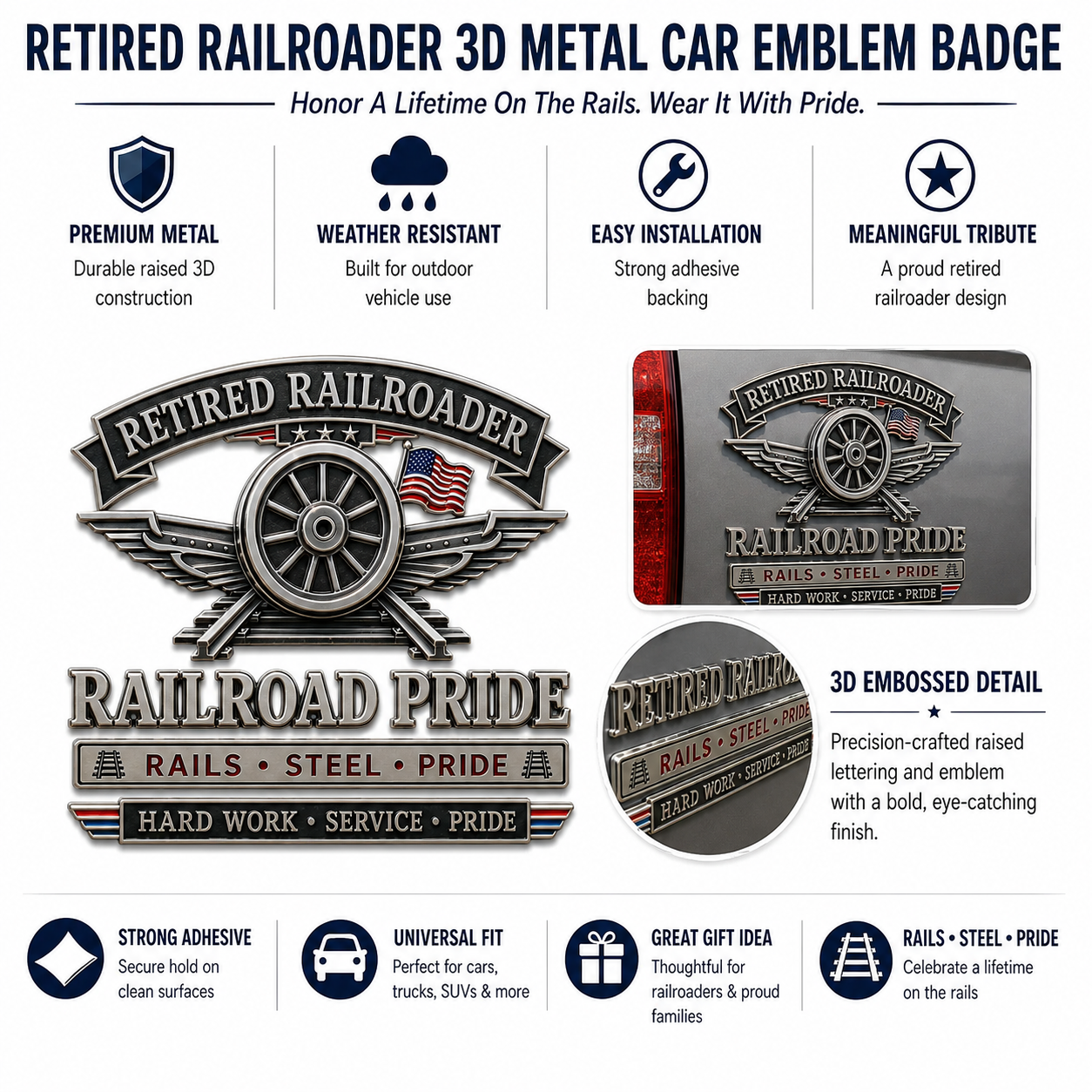 Retired Railroader Railroad Pride Metal Car Emblem