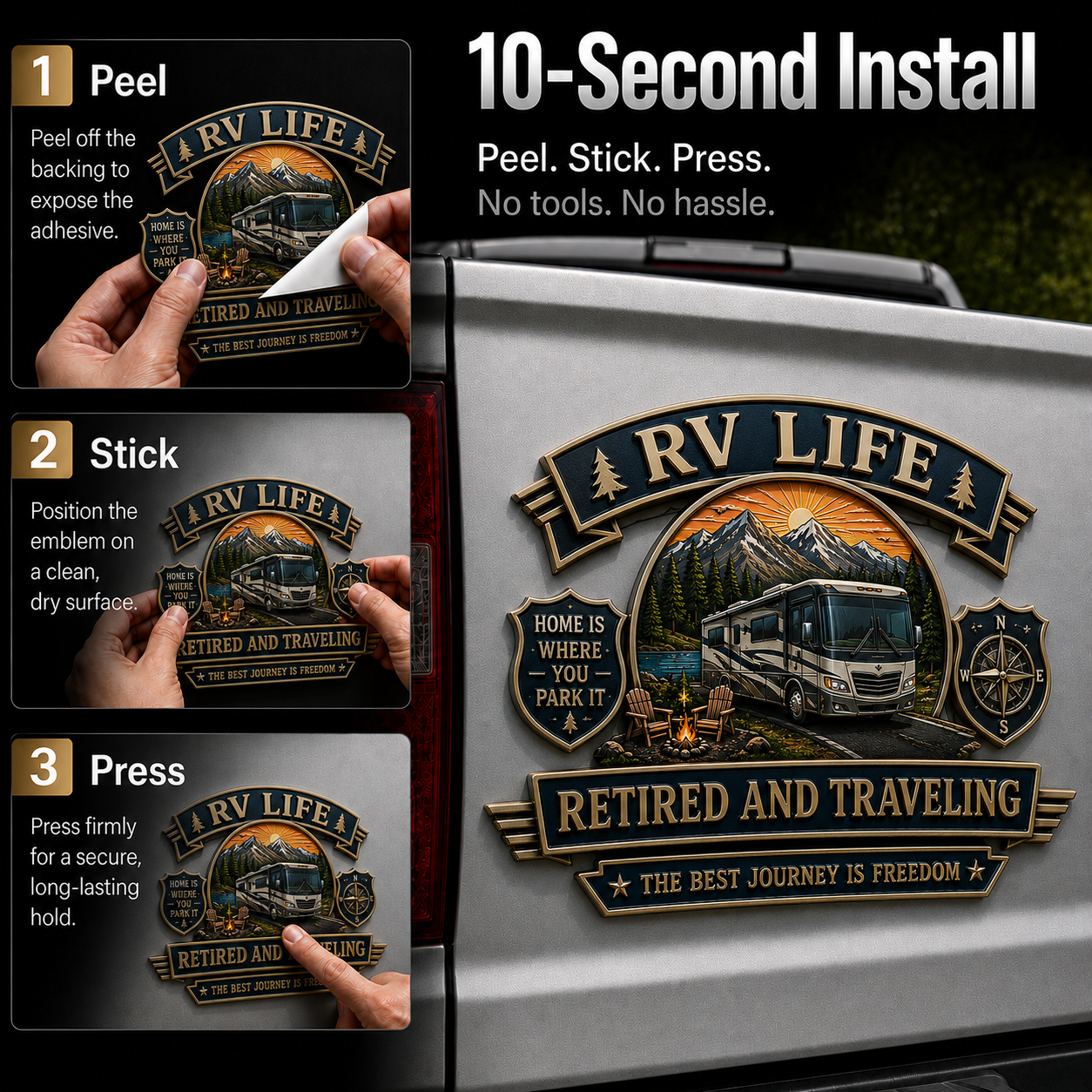 RV Life Retired and Traveling Metal Car Emblem