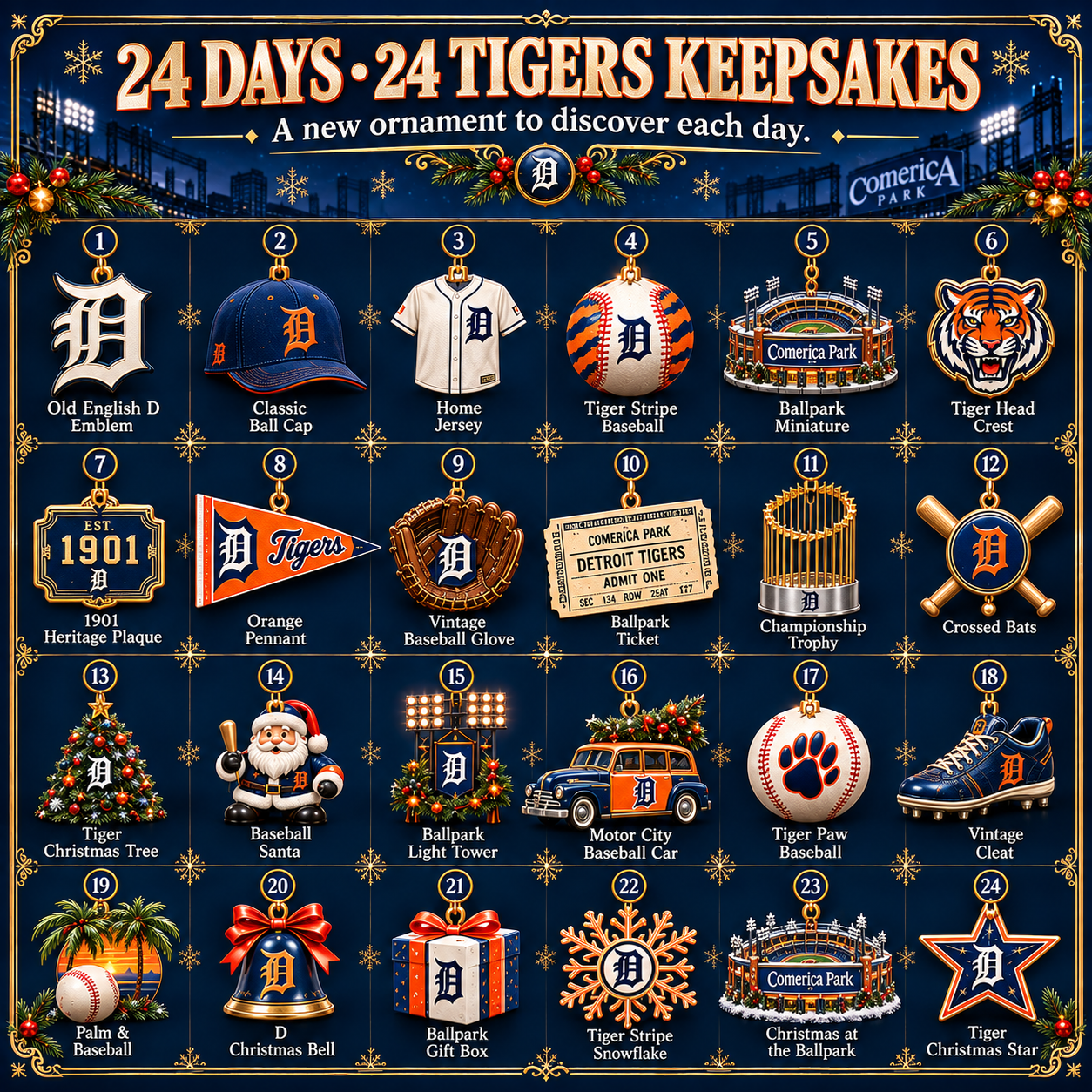 Orange and navy baseball Christmas keepsakes arranged for holiday display