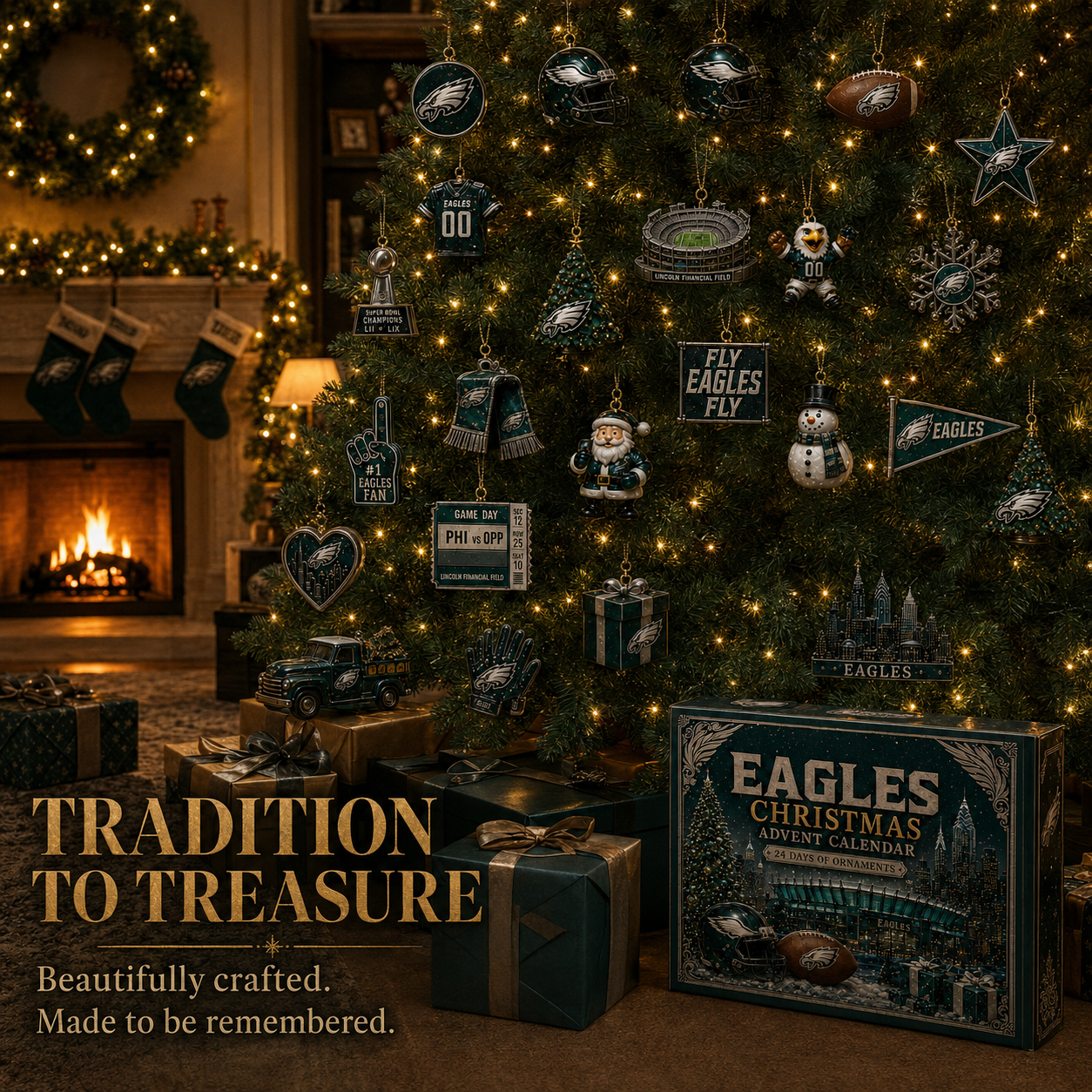 Philadelphia Eagles keepsakes displayed on a Christmas tree