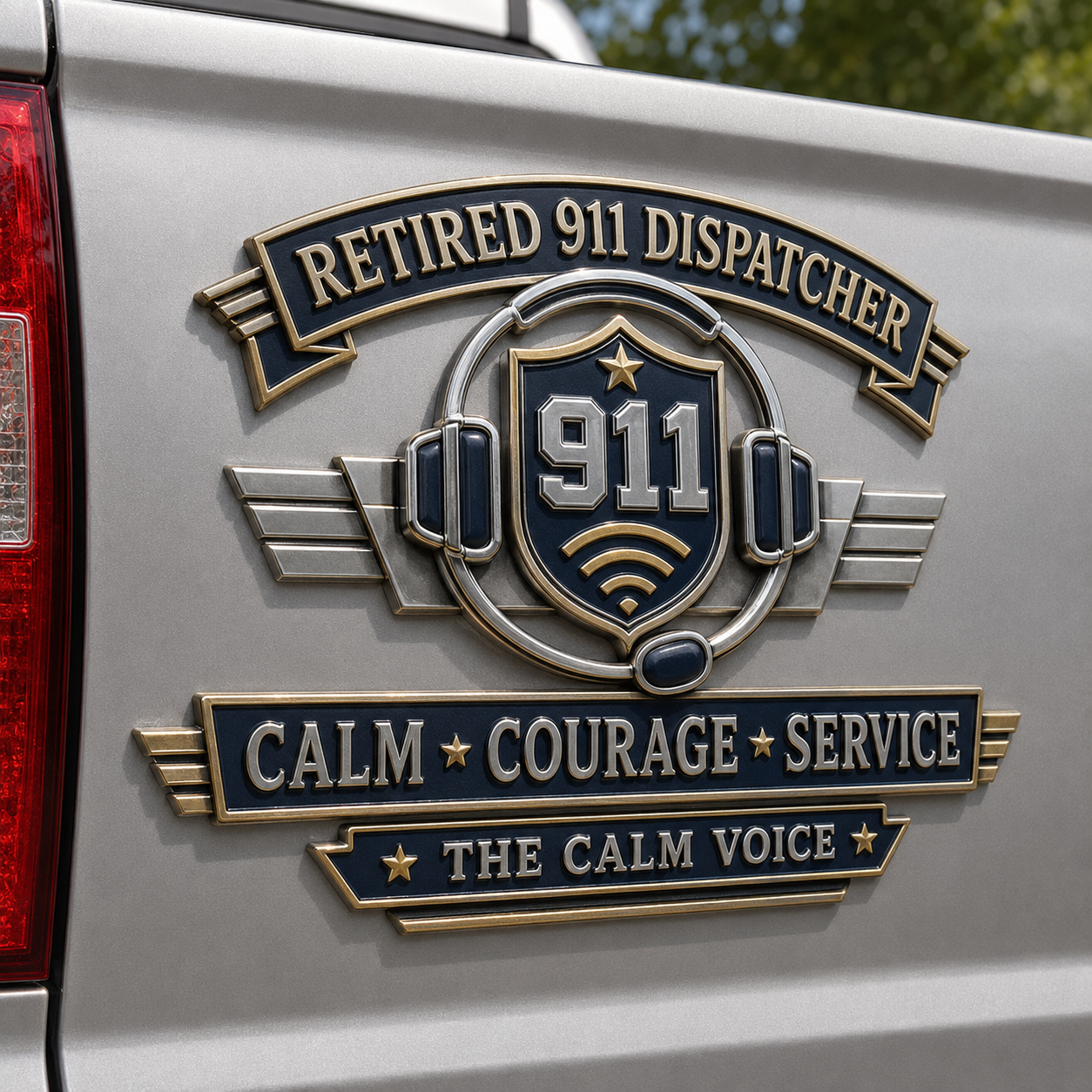 Retired 911 Dispatcher Calm Courage Service Metal Car Emblem