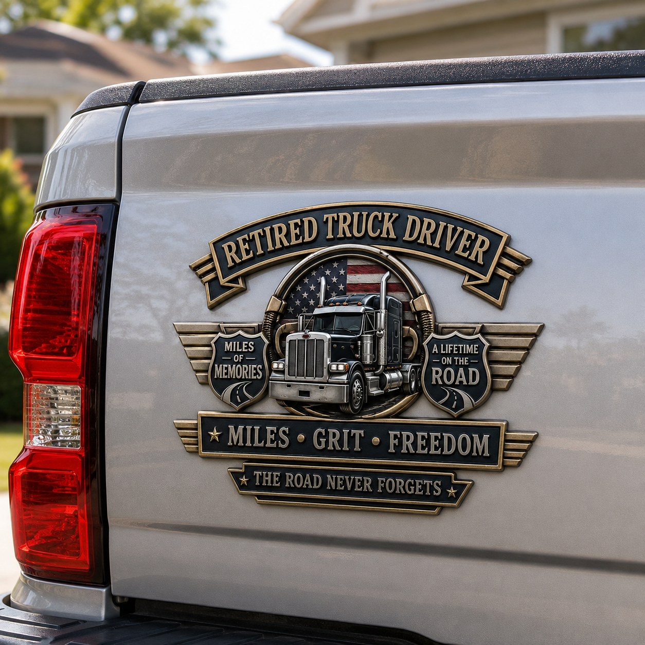 Retired Truck Driver Miles Grit Freedom Metal Car Emblem