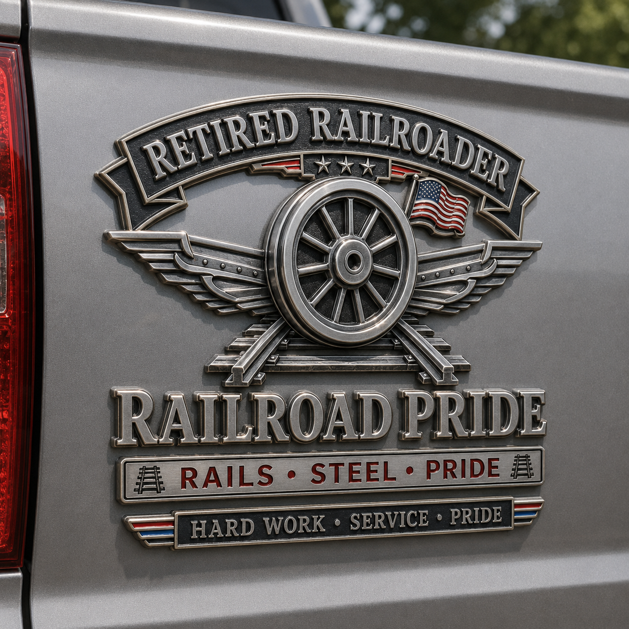 Retired Railroader Railroad Pride Metal Car Emblem