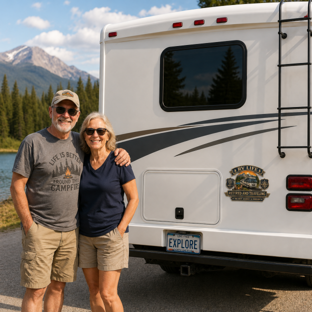 RV Life Retired and Traveling Metal Car Emblem