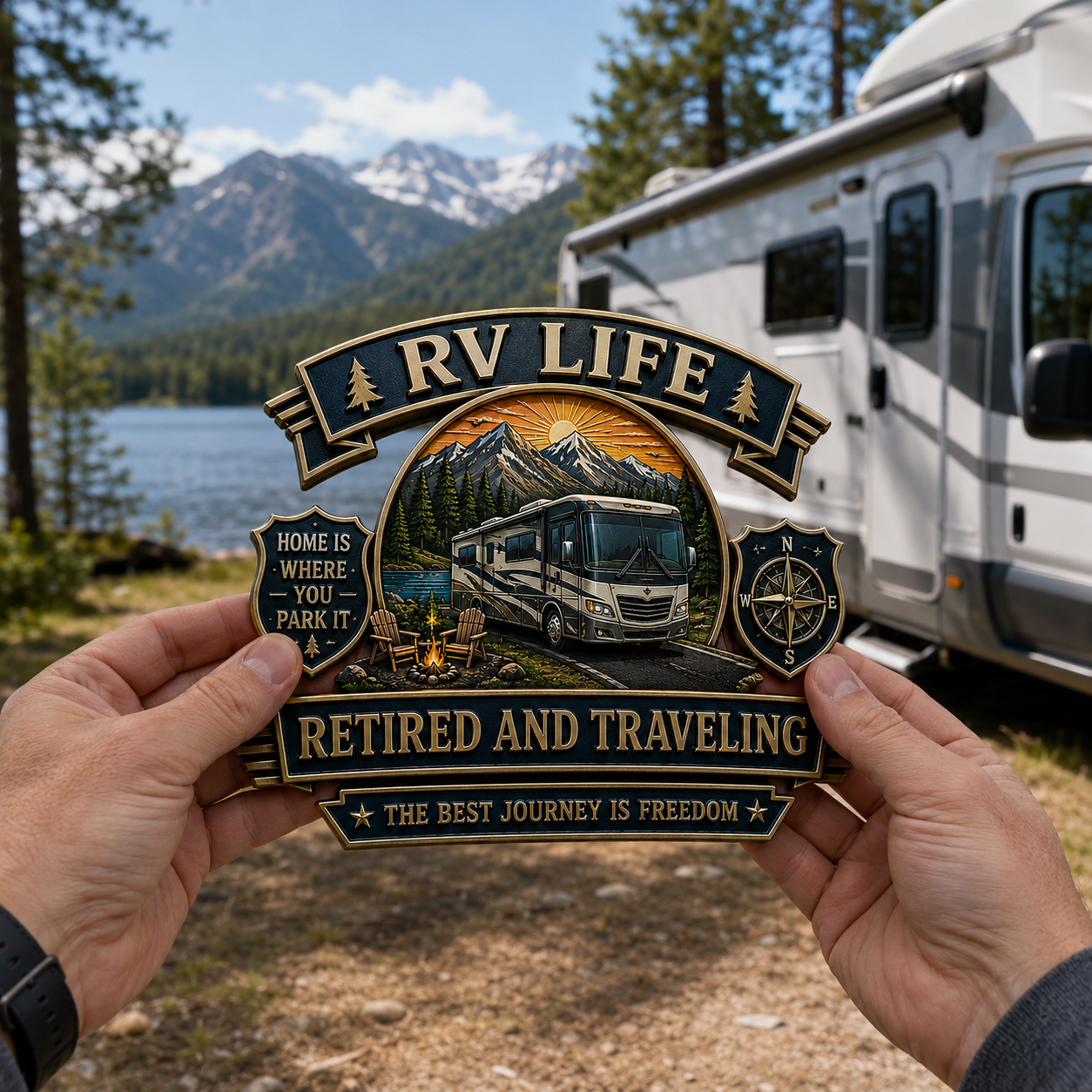 RV Life Retired and Traveling Metal Car Emblem