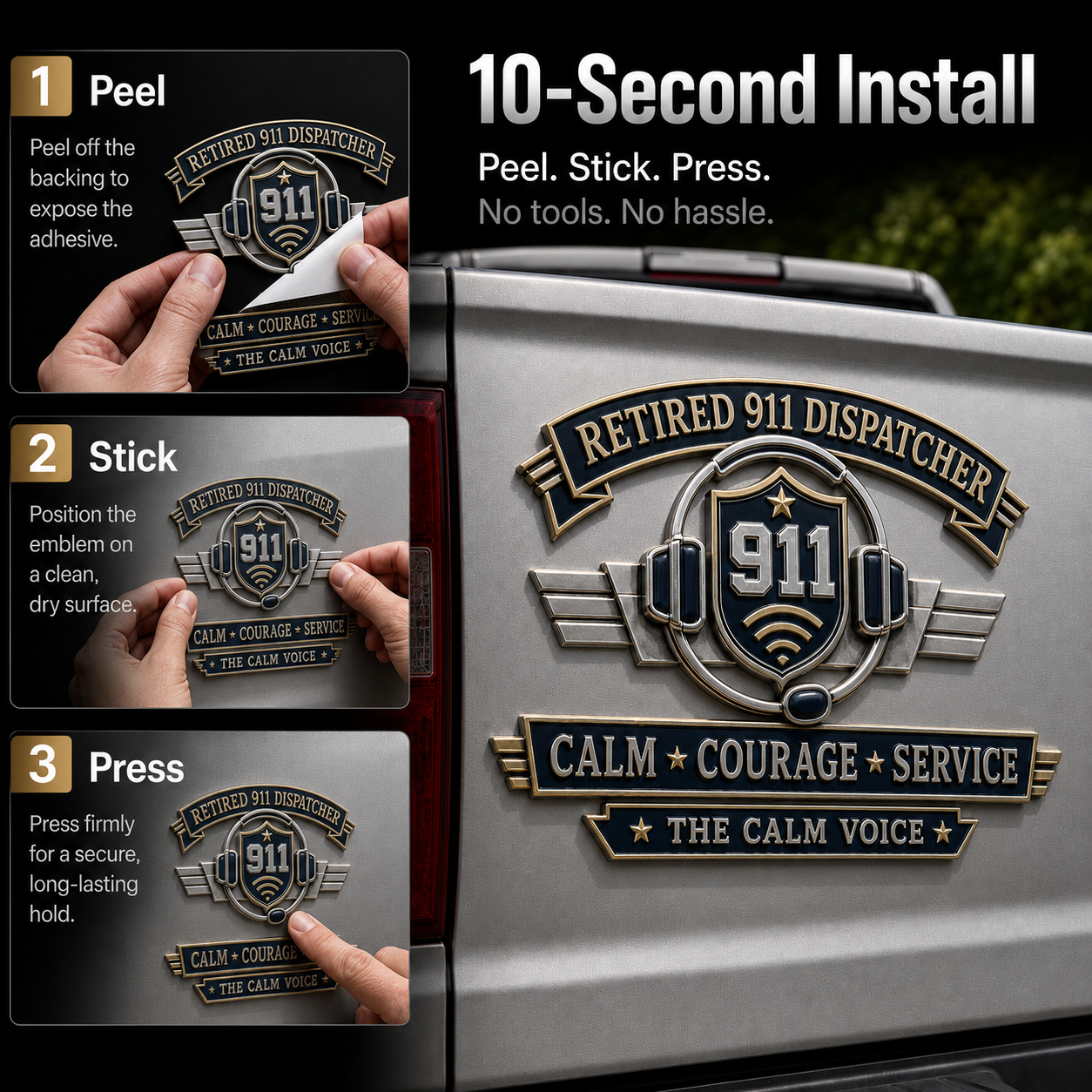 Retired 911 Dispatcher Calm Courage Service Metal Car Emblem