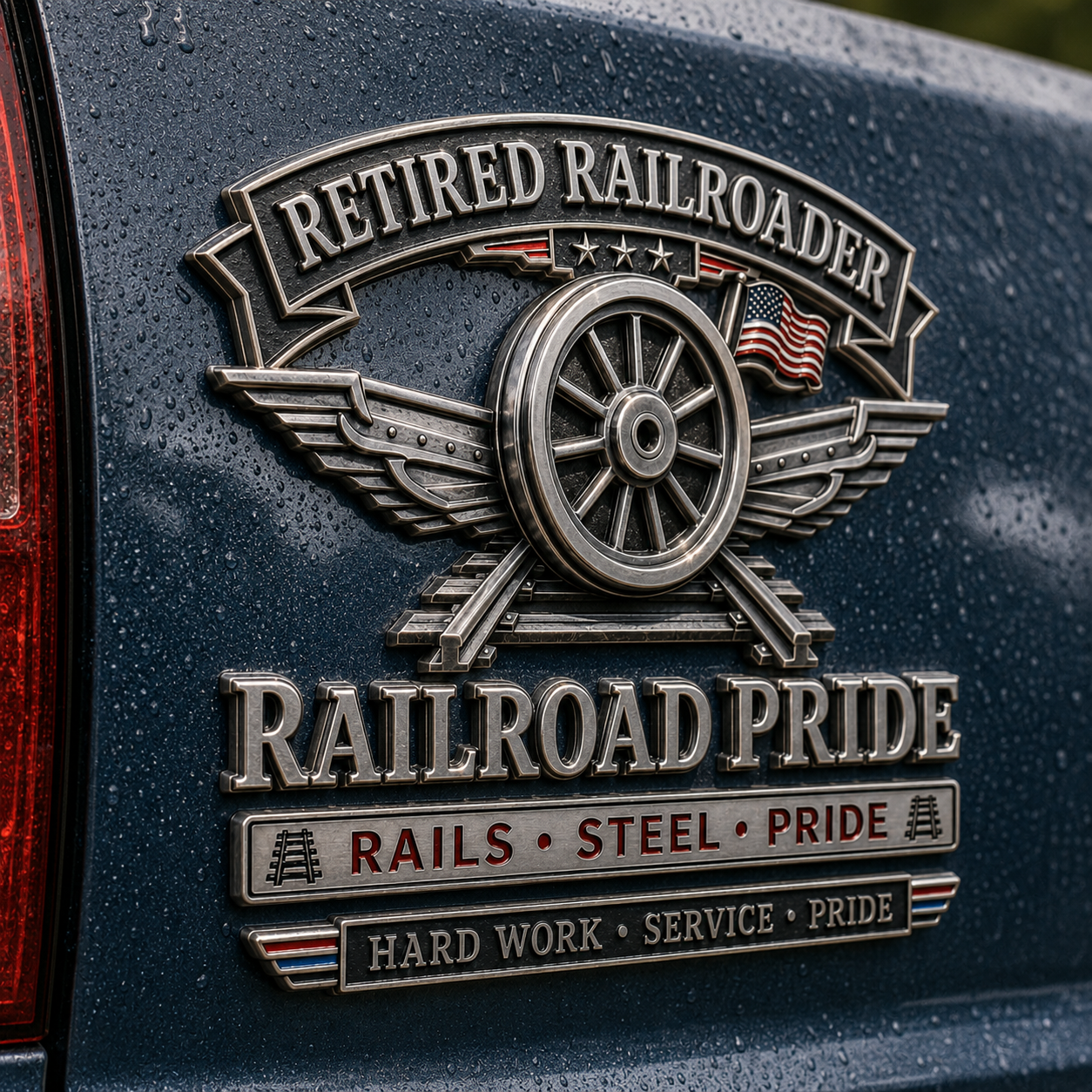 Retired Railroader Railroad Pride Metal Car Emblem