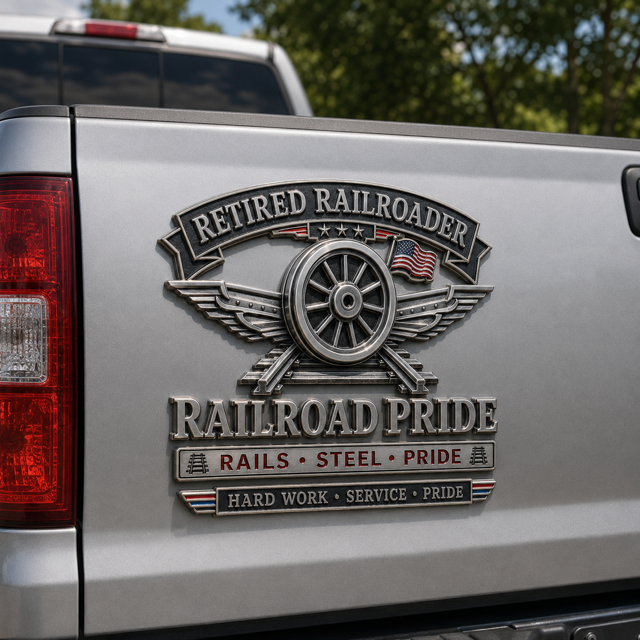 Retired Railroader Railroad Pride Metal Car Emblem