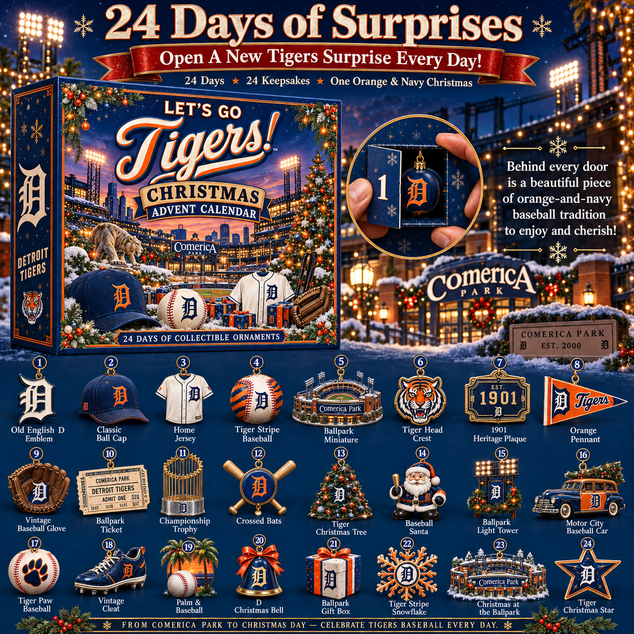 Orange and navy baseball Christmas advent calendar with 24 numbered doors